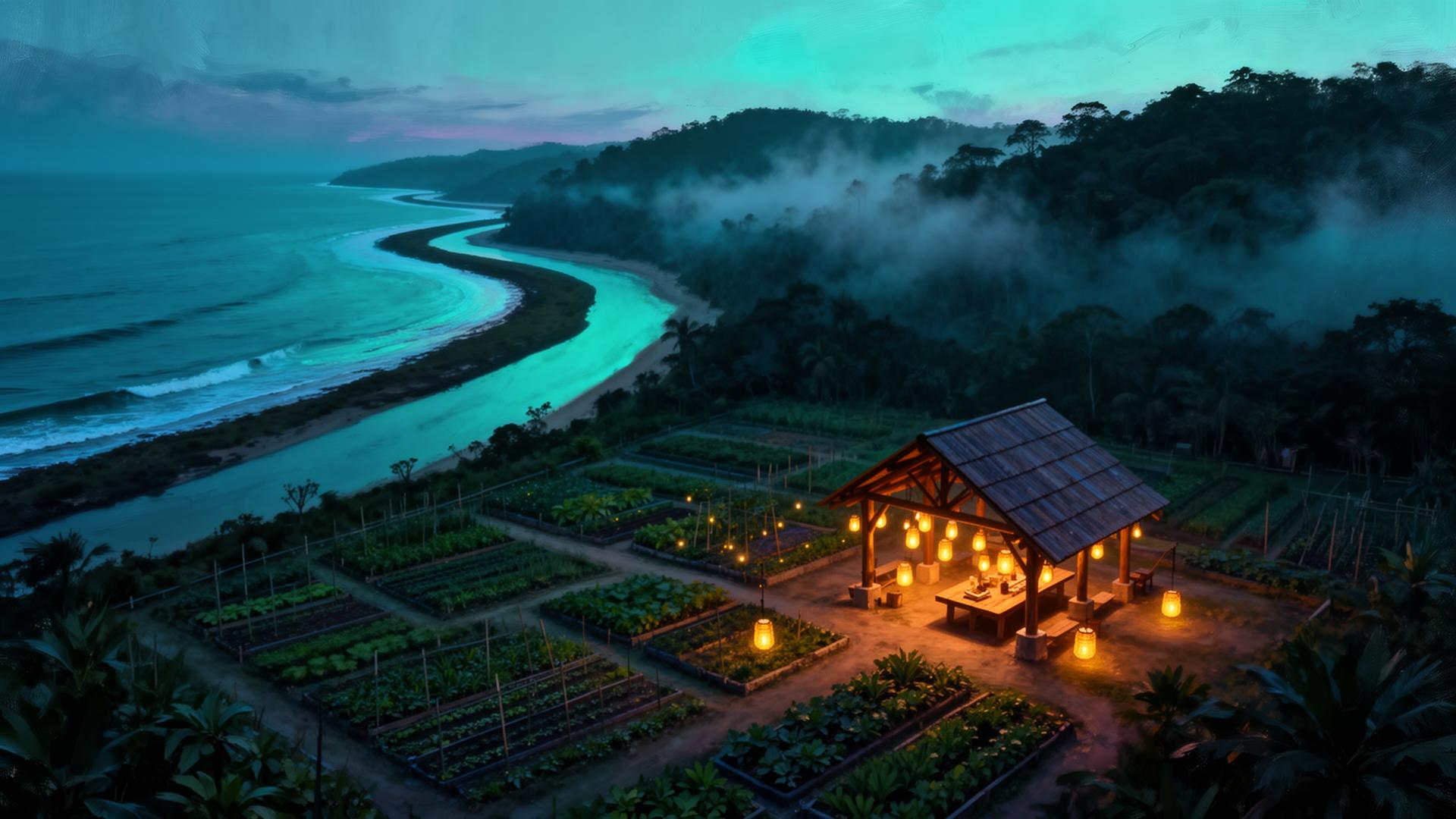 Regenerative coastal farm at twilight